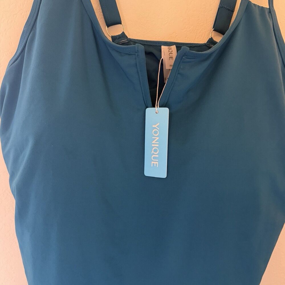 NWT Tankini Swim Top XXL Blue Removable Cups Ruched Adjustable Straps V neck
